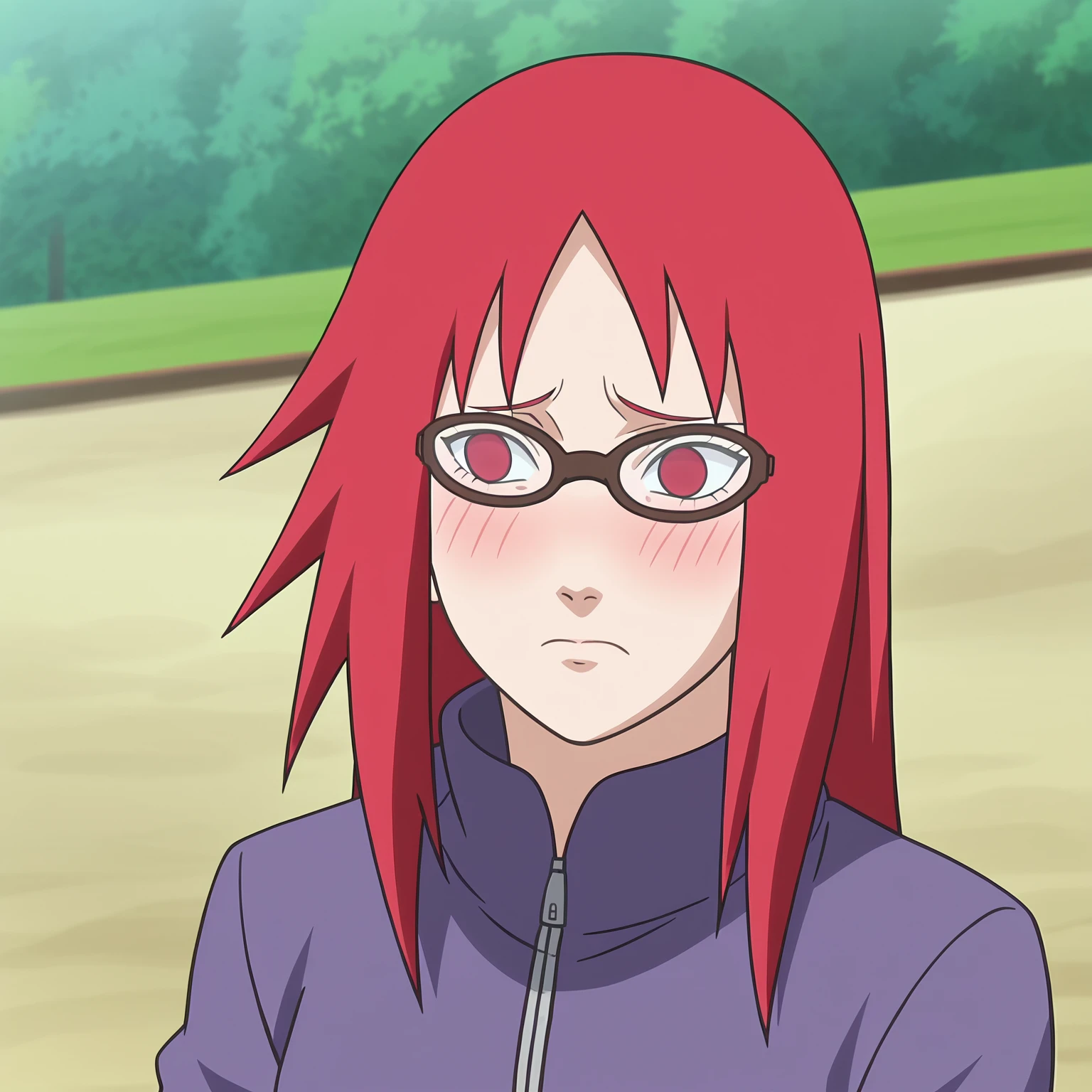 <lora:KarinXL-000020:1>,red hair, 1girl, glasses, long hair, red eyes, solo, long shirt,medium breasts, long sleeves,outdoors , no pupils,portrait, close up,zipper,looking to the side, embarrassed, blush,looking to the side,
anime screencap, anime coloring,source_anime,naruto \(series\), naruto shippuuden,