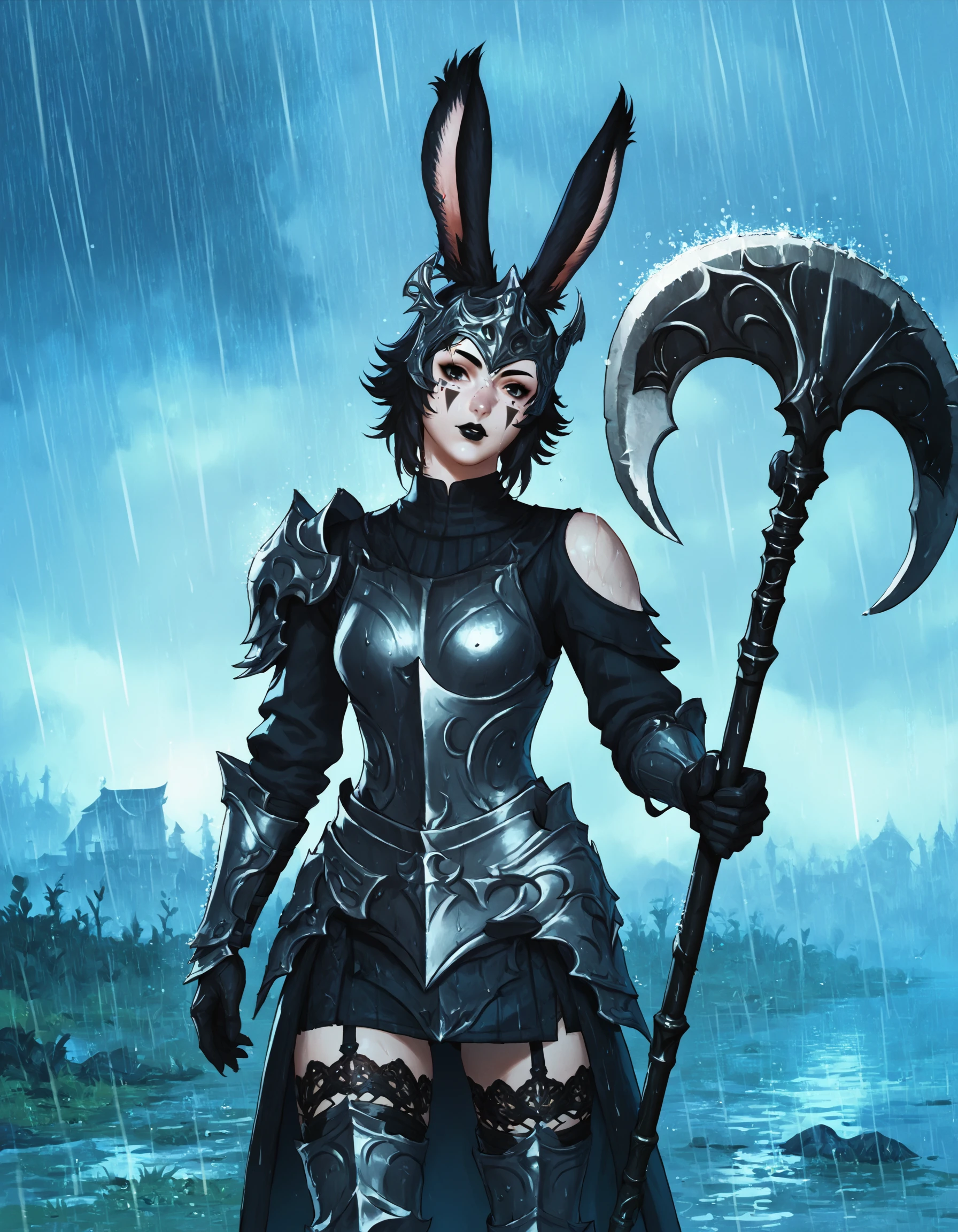 score_9, score_8_up, score_7_up, score_6_up, score_5_up, score_4_up, FFXIV_Viera, 1girl, solo, looking at viewer, short hair, black hair, thighhighs, gloves, animal ears, weapon, armor, rabbit ears, lips, facial mark, helmet, polearm, shoulder armor, rain, axe, black lips, viera, halberd, source_anime , <lora:FFXIV_VieraPonyXL:0.7>