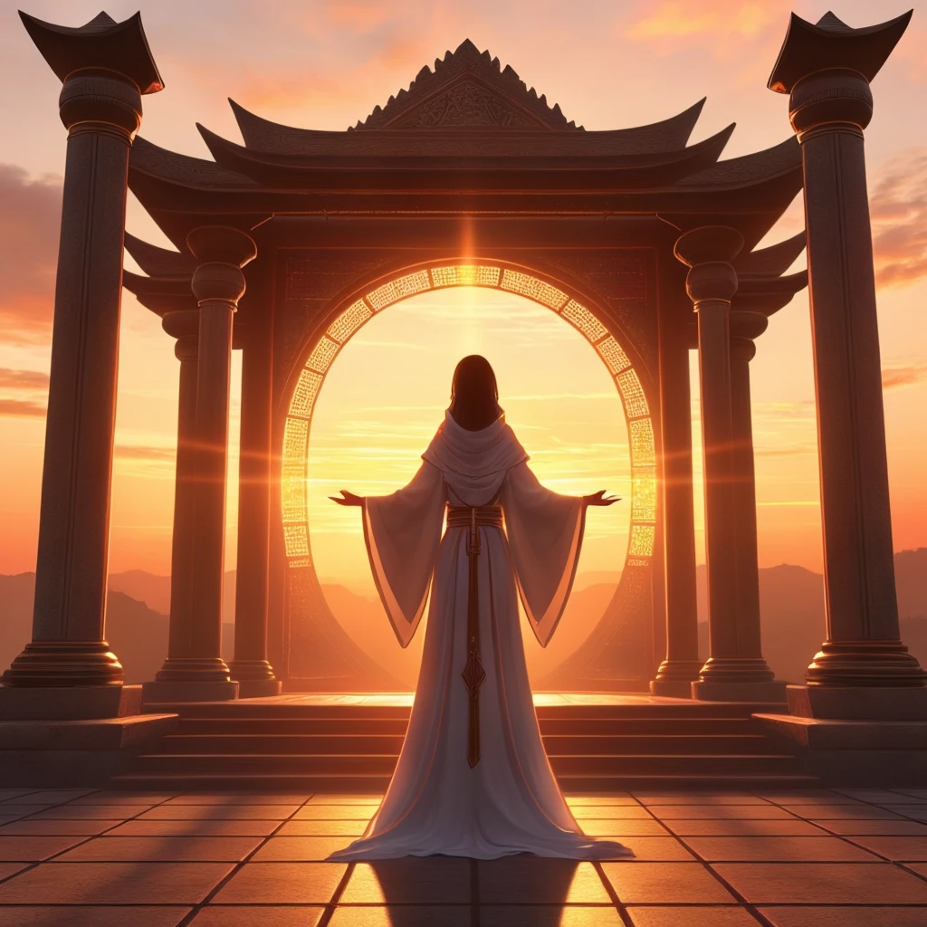 A woman dressed in formal priestess robes, welcoming the viewer to a digital temple, a picturesque sunrise behind her.