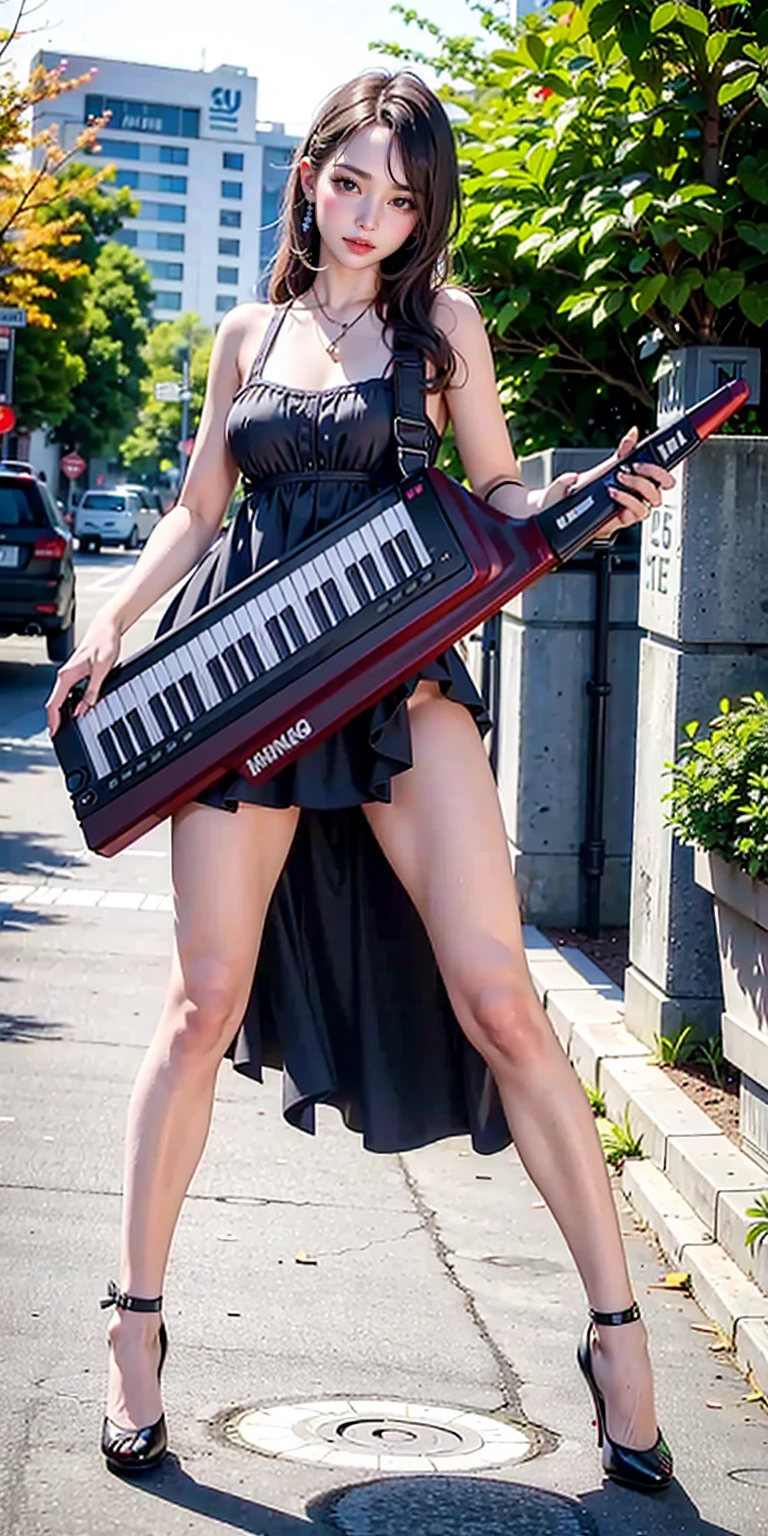 1girl, ((playing keytar, keytar)), full body, 

  high-heels,  
stand, outdoor, 

masterpiece, best quality, 8k