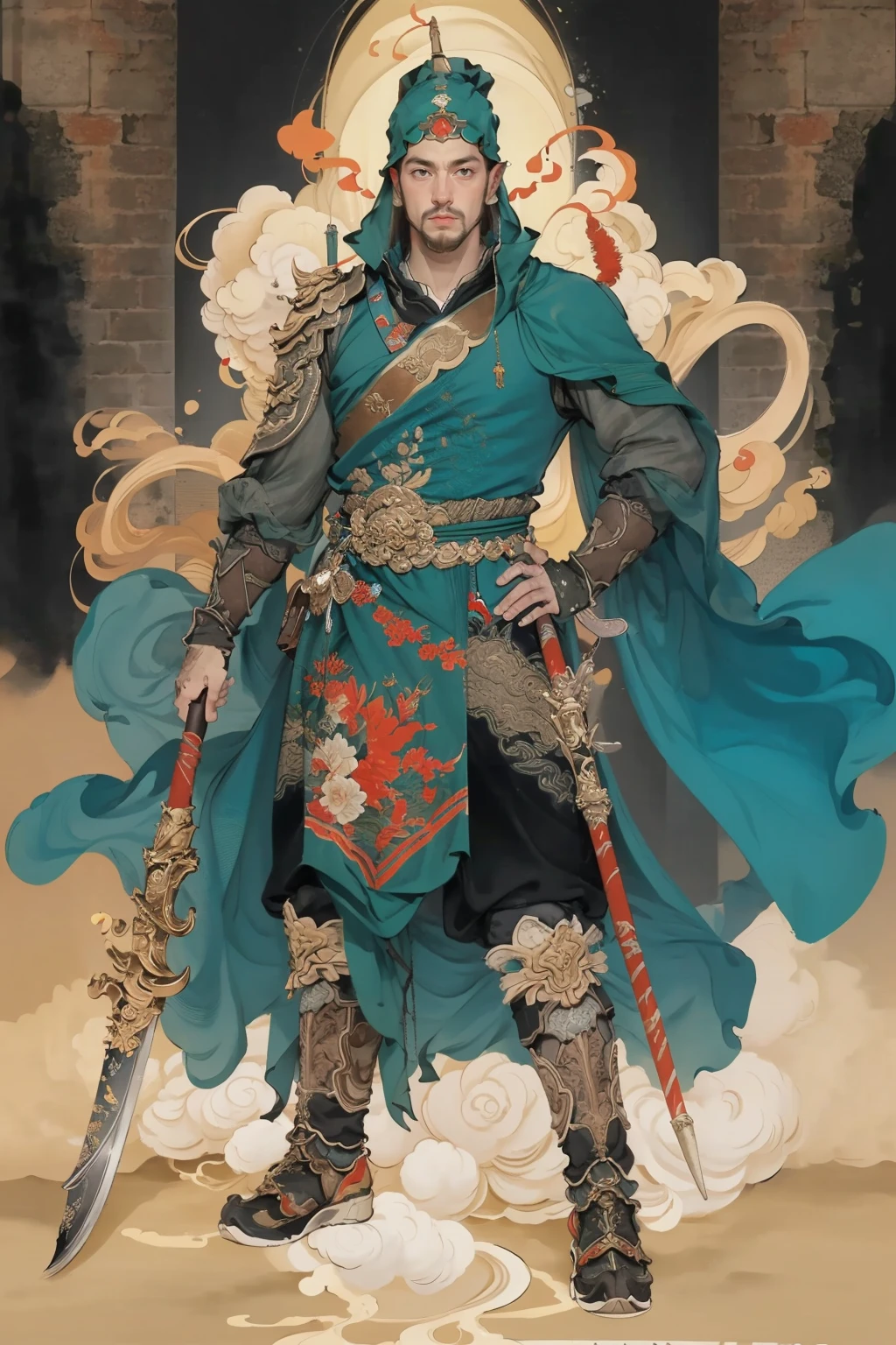 solo,1boy, polearm, weapon, male focus, spear, solo, parody, long sleeves, holding polearm, full body, standing, closed mouth, holding weapon,<lora:md-031-å¤ä»£ç¥è¯æé0.6-0.9:0.7>,, masterpiece,best quality,ultra-detailed,