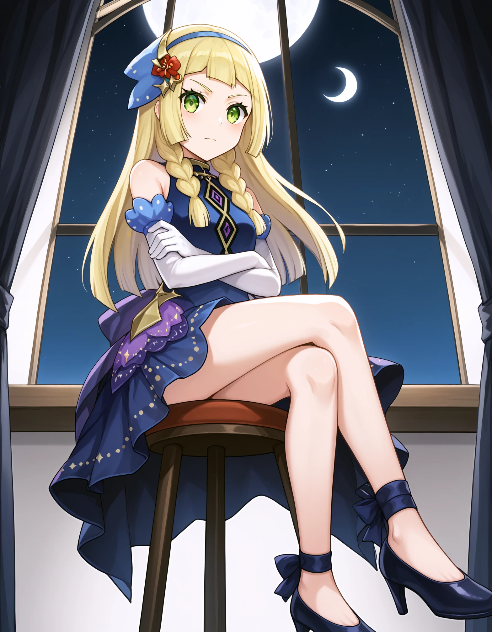 score_9, <lora:sdxl_lightning_8step_lora:1> source_anime, rating_safe BREAK 1girl, solo,
<lora:ponyxl_character-lillie_21aniv:1> 
lillie \(anniversary 2021\) \(pokemon\), blonde, green eyes, twin braids, hair ornament, hair flower,blue hairband,
official alternate costume, purple blue dress, white elbow gloves,  ankle ribbon, puple high heels,
long legs,
sitting on black stool, black curtains, open window, starry night, moon, crossed legs, dark lighting, shadow, window shade, glare, crossed arms, wind,
from below, from side, looking at viewer,
<lora:sdxl-flat:-1>