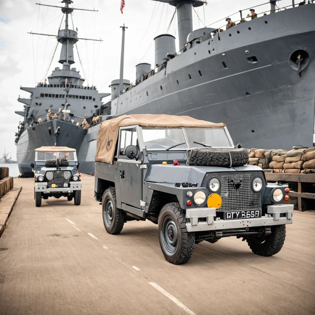 US Navy sailors in uniform driving lghtwght land rover next to a battleship in the dockyard, driving, cargo, harbor