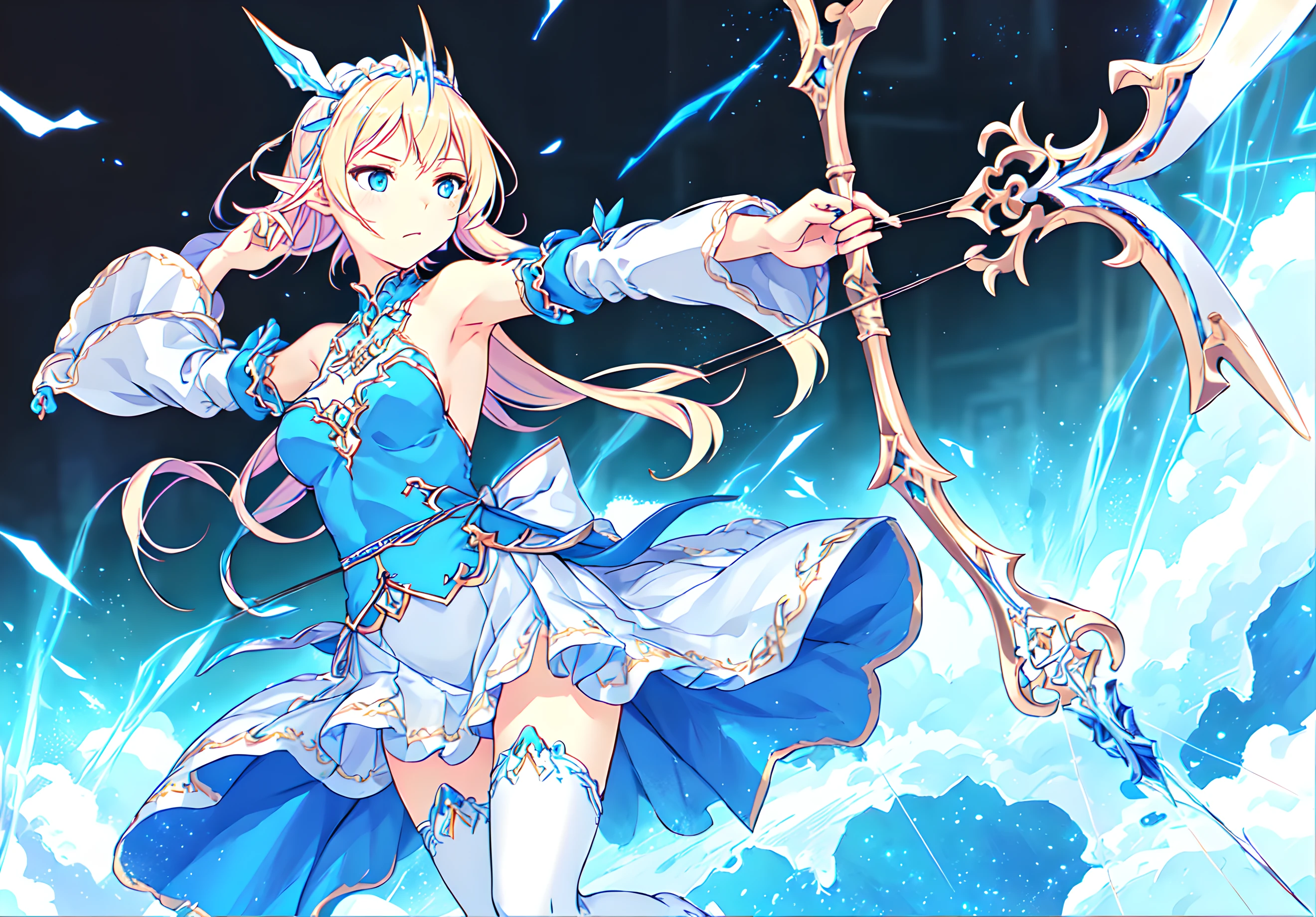 <lora:Tisse:0.8>,Tisse,1girl,super fine illustration,masterpiece,best quality,bare shoulders,blue shirt,detached sleeves,white pleated skirt,miniskirt,white thighhighs,bow_(weapon),shoot an arrow,grove,special skill,gradient_sky,aura,electric effects,a rugged expression,disturbed hair,