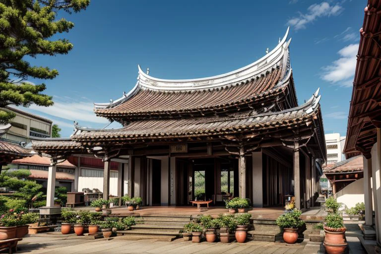 architecture, landscape, scenery, east asian architecture, Lukang Longshan temple, (Taiwanese temple, Hokkien architecture, Southern Min architecture) East Asia, vintage, historical, heritage, trational, ancient, wooden structure, orange tiled roof, upward curve ridge roof, trees, best quality, masterpiece, <(realistic:1.3), intricate details>, 8k, RAW photo