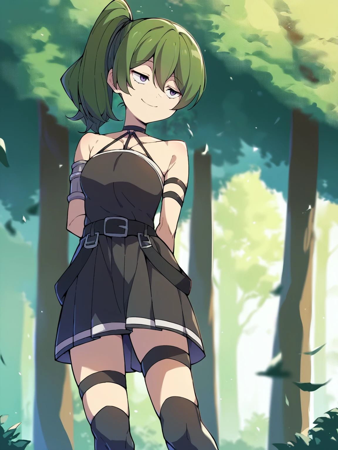score_9, score_8_up, score_7_up, score_6_up, score_5_up, score_4_up, BREAK, source_cartoon, source_anime,
1girl, ubel, green hair, side ponytail, purple eyes, chocker, bare shoulders, arm strap, armlet, black short dress, belt, sleeveless, black single glove, thigh strap, socks, black knee boots,
smile, outdoors, arms behind back, forest, standing <lora:UbelXL:1>