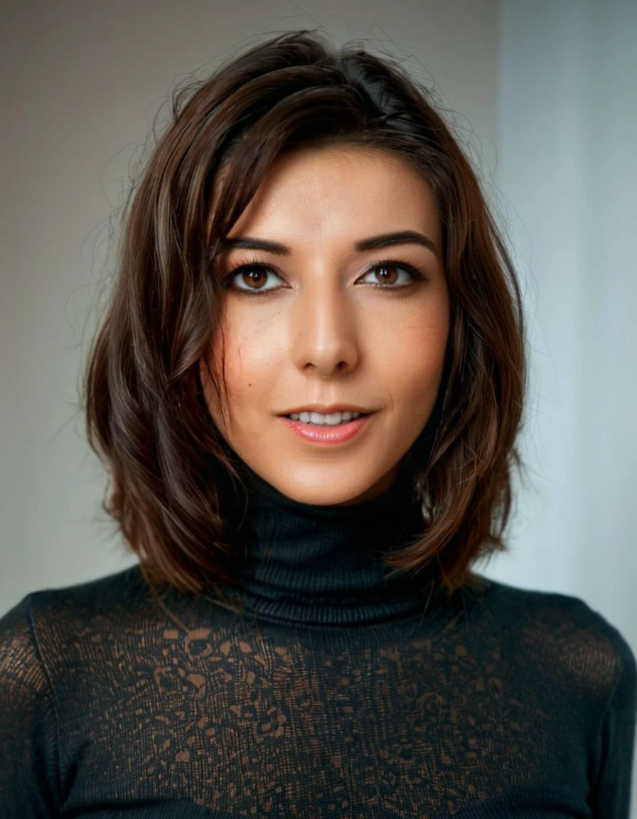 A stunning intricate full color portrait of a woman,wearing a floral turtleneck, happy, epic character composition,by ilya kuvshinov, alessio albi, nina masic,sharp focus, natural lighting, subsurface scattering, f2, 35mm, film grain, half body shot <lora:luecharXL:1>