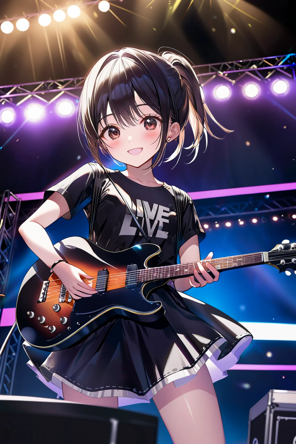 1girl, (dynamic angle), upper body, black guitar, amplifier, speaker, live stage, smile, Live festival, school, Shining Lighting,
best quality, newest, absurdres