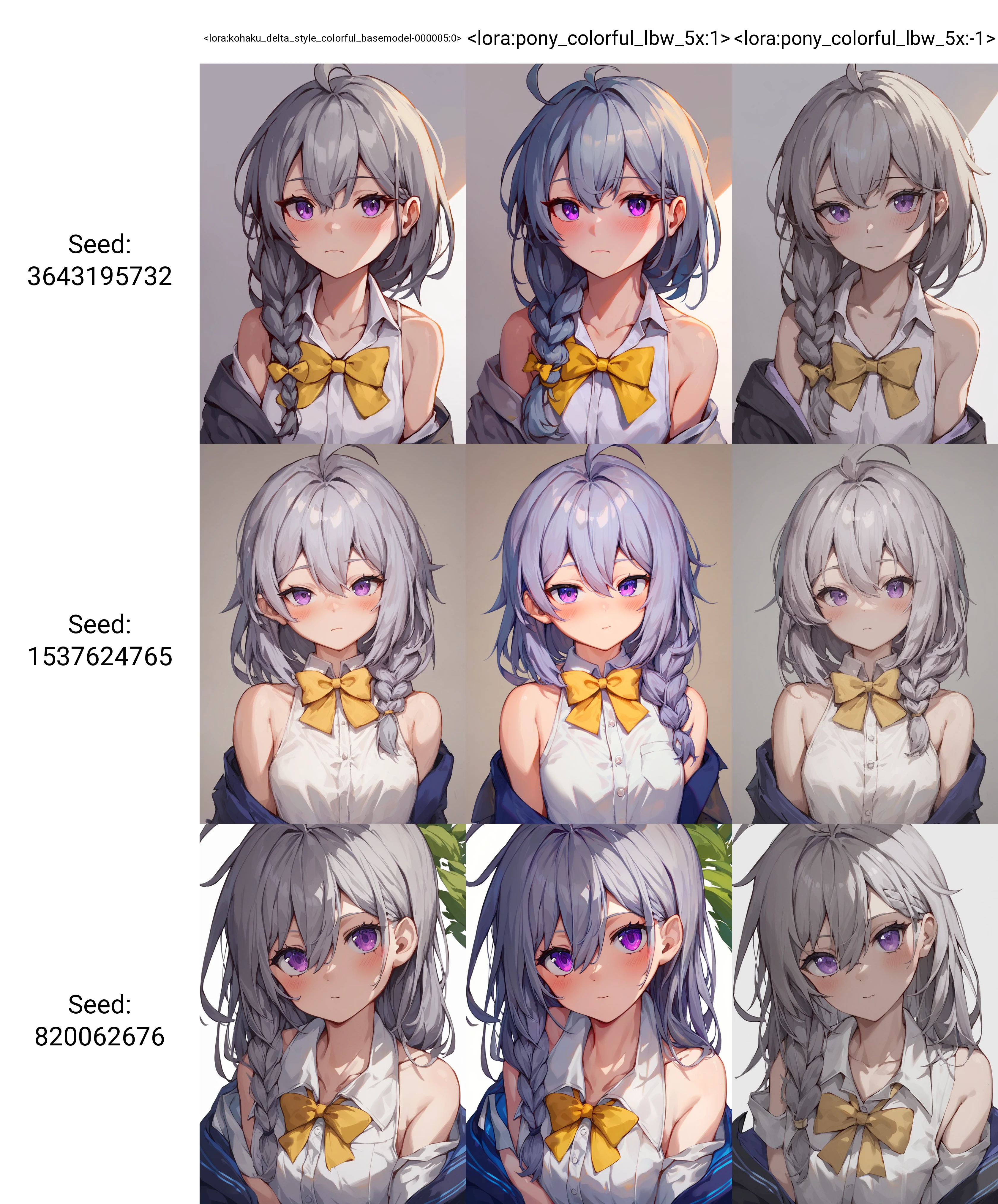 core_9, score_8_up, score_7_up,source_anime,
1girl,solo,long hair,looking at viewer,blush,bangs,simple background,white background,ribbon,hair between eyes,bare shoulders,closed mouth,purple eyes,collarbone,white shirt,upper body,ahoge,grey hair,open clothes,collared shirt,bowtie,off shoulder,sleeveless shirt,single braid,yellow bow,
masterpiece,best quality,absurdres,  
 <lora:kohaku_delta_style_colorful_basemodel-000005:0> ,