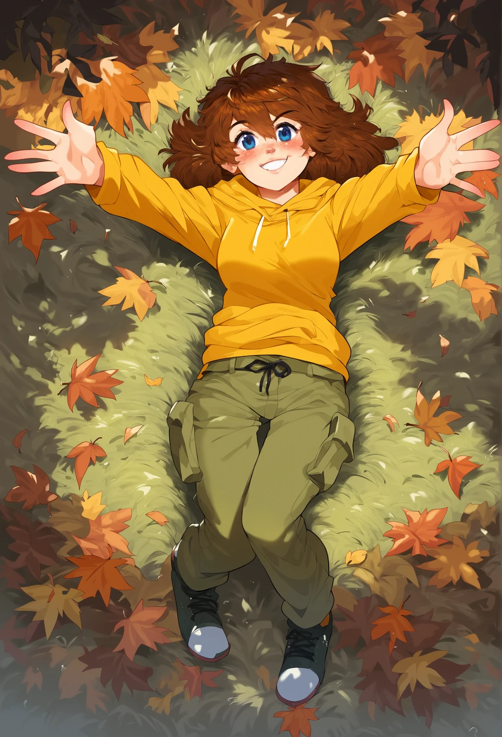 laying in a pile of leaves, score_9, score_8_up, score_7_up, score_6_up, score_5_up, score_4_up, 1girl, female, full body, medium breasts, medium hair, brown hair, hair between eyes, freckles, cargo pants, orange hoodie, shoes, grass, pile of leaves, leaf pile, autumn, orange leaves, leaves, on ground, laying, on back, outstretched arms, from above, smile, teeth, dappled sunlight, wind, looking at viewer, <lora:Brooke_mleth_PonyXLV6_v1:1> mlbrooke, brooke \(mathias leth\),