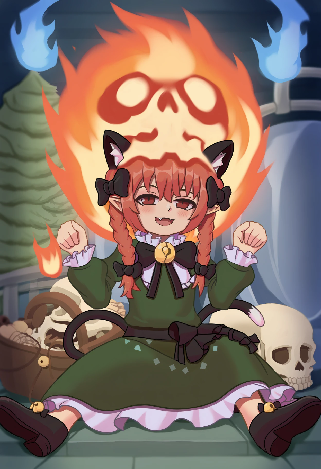 score_9, best quality, masterpiece, uncensored, source_anime
BREAK
1girl, solo, long hair, looking at viewer, smile, open mouth, bangs, red eyes, long sleeves, dress, bow, ribbon, animal ears, sitting, tail, full body, braid, hair bow, red hair, frills, pointy ears, fang, puffy sleeves, cat ears, black footwear, twin braids, cat tail, bell, black bow, juliet sleeves, multiple tails, jingle bell, extra ears, green dress, skull, hitodama, leg ribbon, two tails, nekomata, blue fire, footwear bow, kaenbyou rin
<lora:duhota_pony_v2:1>