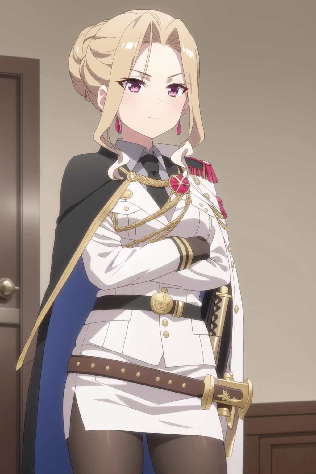 1girl, solo, looking at viewer, short hair, skirt, blonde hair, gloves, brown eyes, jewelry, closed mouth, standing, purple eyes, jacket, weapon, braid, pantyhose, sidelocks, earrings, necktie, belt, sword, indoors, white gloves, miniskirt, hair bun, cape, uniform, black pantyhose, military, military uniform, crossed arms, single hair bun, sheath, pencil skirt, sheathed, door, scabbard, aiguillette
