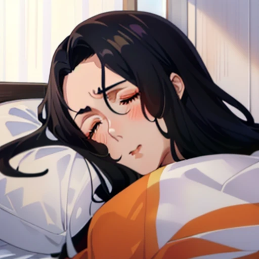 ((SLEEPEACE Peaceful sleeping eyes closed)) percy, detailed eyelashes, tan, long hair, black hair, v hairline, widowspeak, widows peak, pout, red eyes, big nose, shiny skin, orange blush, orange makeup, orange lipstick, downturned eyes, forehead wrinkle, angry, angry brows, pouting, eyelashes, doe eyes, androgyny, boy, male, masculine