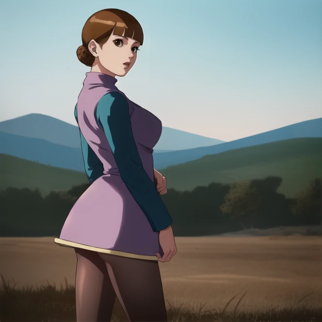 cowboy shot, solo, <lora:msMari(MMBN):1> ms_mari, brown hair, brown eyes, pantyhose, dress, blunt bangs, turtleneck, short hair, side profile, from side, highres, Digital art, trending on artstation, best quality, insanely detailed, masterpiece, stunning environment, wide-angle,