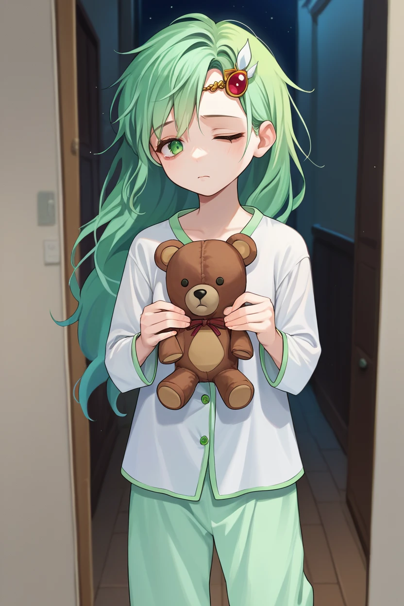 score_9, score_8_up, score_7_up, source_anime BREAK 1girl, solo, <lora:rydia-pdxl-nvwls-v1:1> rydia, long hair, green hair, green eyes, circlet, hair ornament, pajama pants, baggy clothes, white pajamas, holding teddy bear, tired, closed eyes, dark, night, hallway, wiping eyes