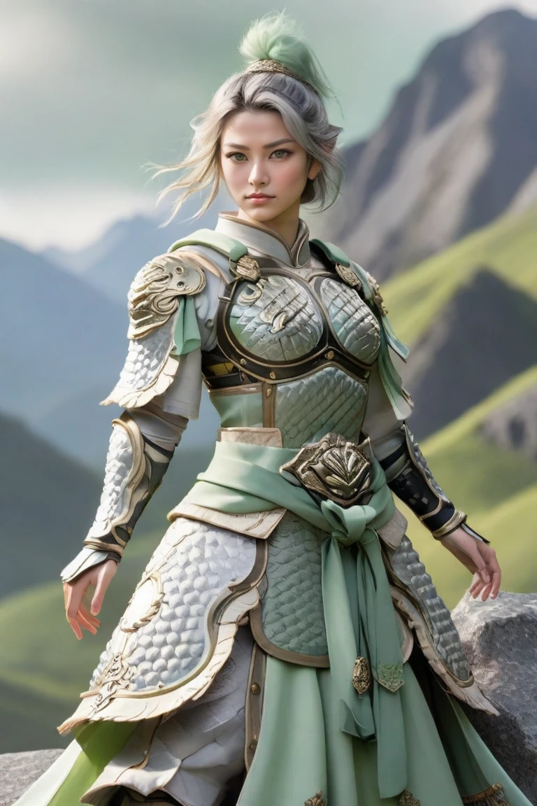 hxarmour,1 woman,(light green armour:1.1),mountain,<lora:HXarmour_003AXL:0.6>,Feminine Pose,