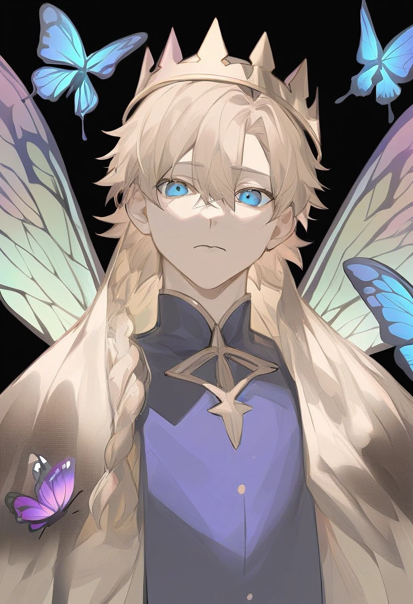 best,hight,amazing,beron_\(fate\),1boy,male_focus,insect_wings,butterfly_wings,blue_eyes,solo,crown,bangs,looking_at_viewer,upper_body,bug,long_hair,braid,black_background,closed_mouth,