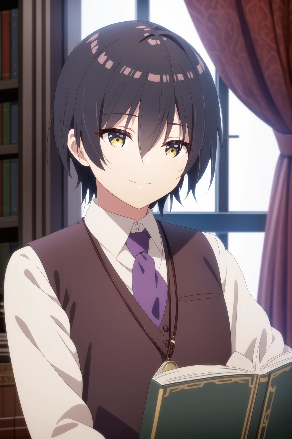 solo, looking at viewer, smile, short hair, bangs, shirt, black hair, 1boy, hair between eyes, brown eyes, closed mouth, yellow eyes, white shirt, upper body, male focus, necktie, collared shirt, indoors, blurry, vest, book, window, depth of field, blurry background, curtains, androgynous, bookshelf, purple necktie, purple vest