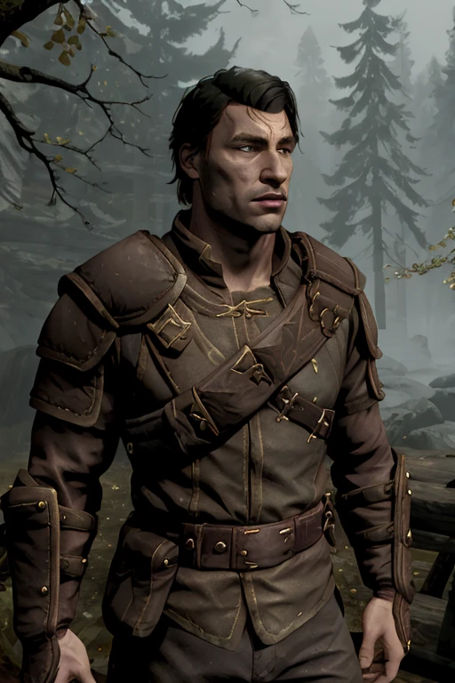 1boy, male focus,  <lora:Skyrim-Thieves V2 :0.8> skyrim-thieves-guild-armor, armor, leather, belt, shoulder armor, pauldrons, pouch, jacket, outdoors, forest with huge trees <lora:Style_Arcane_LoL:0.8> arcane style