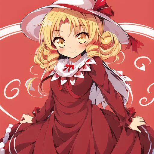 Best quality, most quality, anime style, anime girl, 1girl, solo, masterpiece, full body, smile, blush, Elly, yellow eyes, blonde hair, pink hat with a red ribbon, hat, red ribbon, dark red and pink dress, drak red dress,