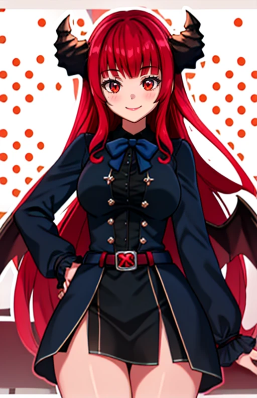 best quality, (masterpiece),(ultra-detailed), (high quality), (high resolution), <lora:GiftschlangenVT:0.7>,GiftschlangenVT, 1girl, solo, long hair, breasts, looking at viewer, smile, bangs, large breasts, shirt, red eyes, long sleeves, bow, very long hair, closed mouth, red hair, wings, horns, belt, virtual youtuber, blunt bangs, buttons, blue bow, demon girl, polka dot, demon horns, outline, white outline, polka dot background
