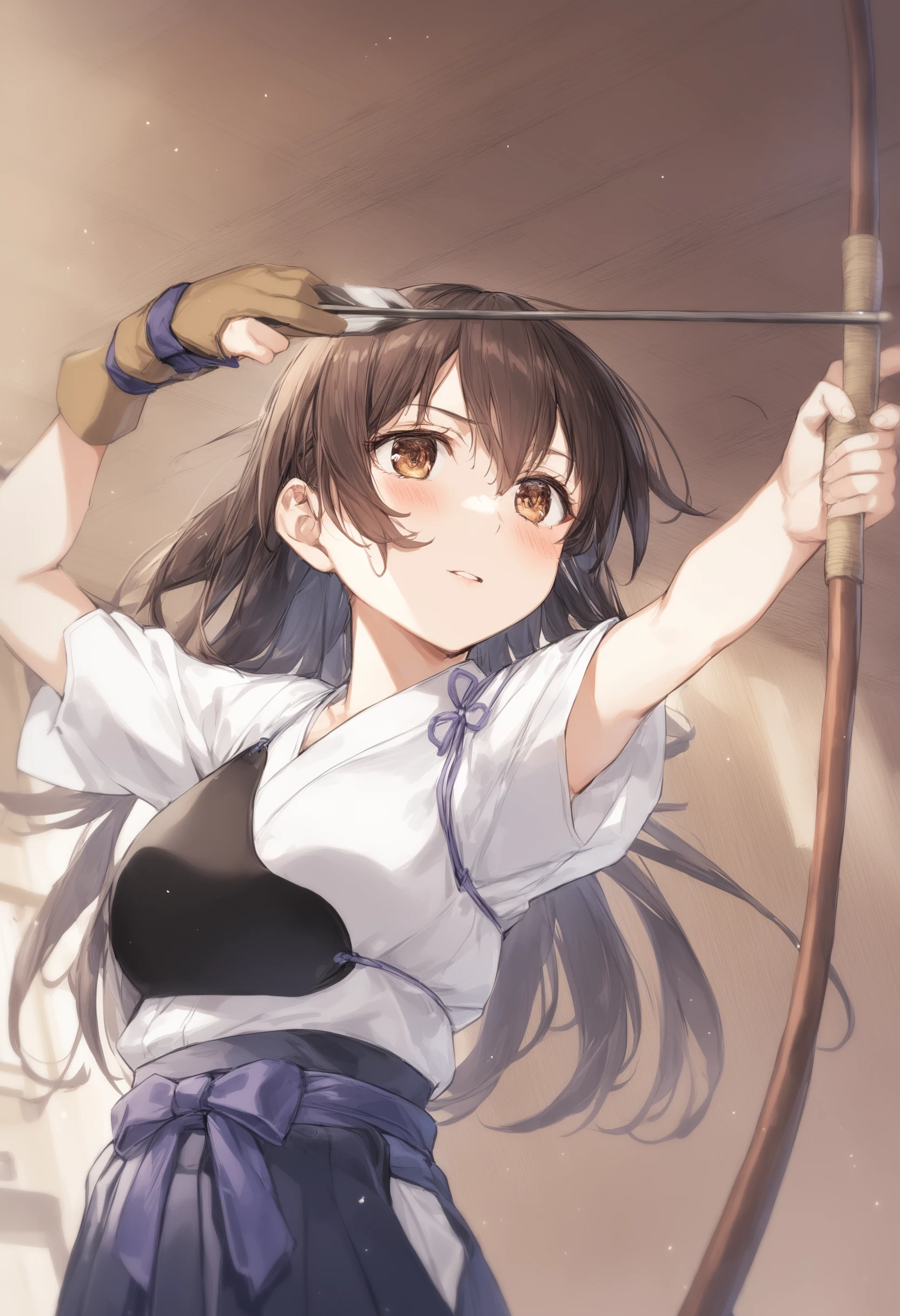 1girl, <lora:sdxl2-flat2-512b:-1>,medium breasts,
<lora:kyuudouXLv2:1>,kyuudou, bow (weapon), japanese clothes, arrow (projectile), holding bow (weapon), yugake, muneate, hakama, single glove,
best quality,medium quality,