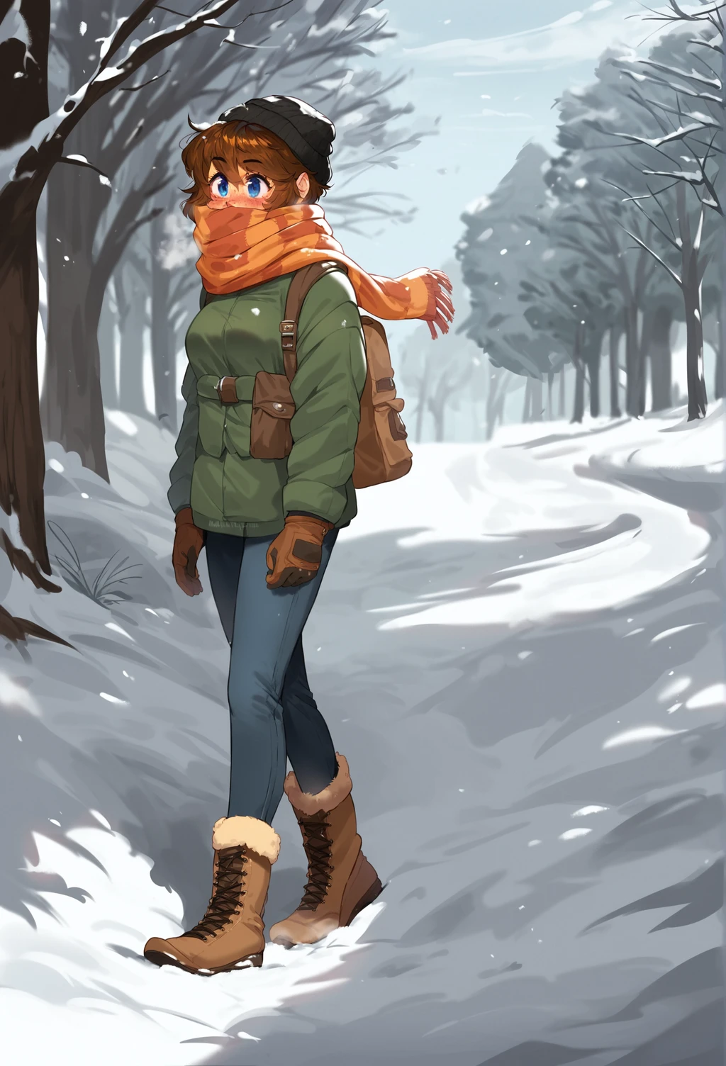 score_9, score_8_up, score_7_up, score_6_up, score_5_up, score_4_up, 1girl, female, full body, medium breasts, medium hair, brown hair, hair between eyes, freckles, snow, winter, sunlight, blue sky, winter clothes, scarf, (scarf over mouth:1.1), beanie, breath snow pants, fur-trimmed boots, walking, gloves, [from side|straight-on] <lora:Brooke_mleth_PonyXLV6_v1:1> mlbrooke, brooke \(mathias leth\),