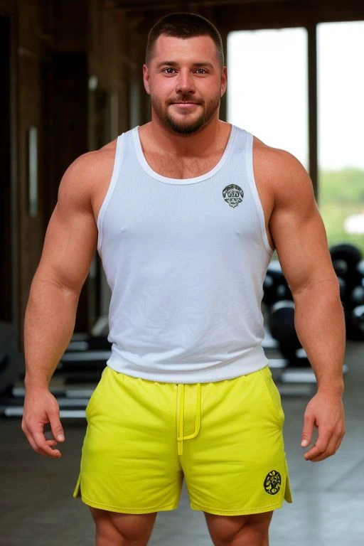 Highly detailed, sharp focus, indepth, musclebearbaker
bear_smile, white sweaty tank top, yellow short pants, exercising at gym, homoerotic  <lora:hairy_body_4500_lora_f32:0.3>, hbo, stalingrad, imperfect skin, skin pores, real hair,    <lora:detail_slider_v4:0.3>  <lora:Nlo_CinematicLookEnhancer_v1:0.3>