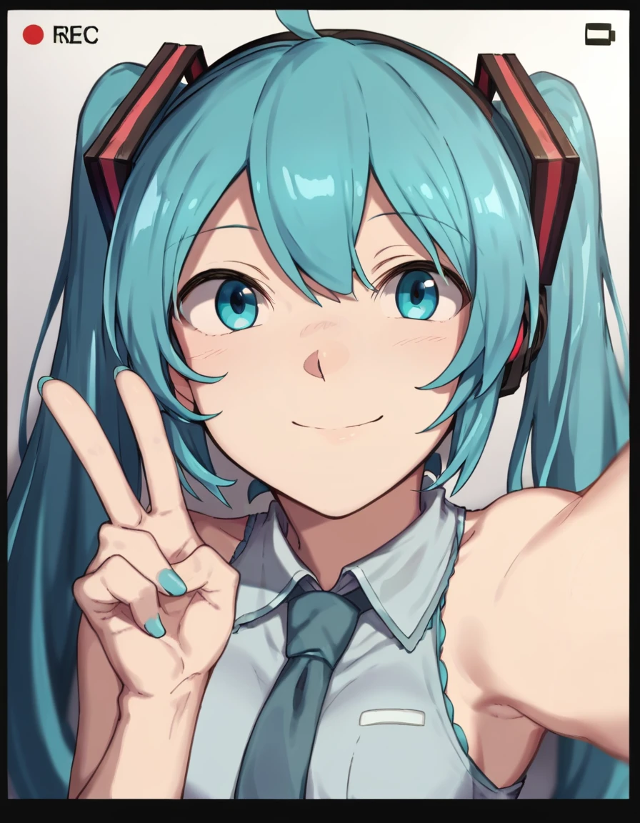 hatsune_miku, solo, 1girl, smile, adorable face , cute, long eyelashes, elbow out of frame, one hand out of frame, necktie, selfie, closeup, recording, pov, v sign, upper_body score_9, score_8_up, score_7_up, score_6_up, score_5_up, score_4_up, source_anime, BREAK <lora:Nagioka_Artist_Style_ponyXL-000017:1>