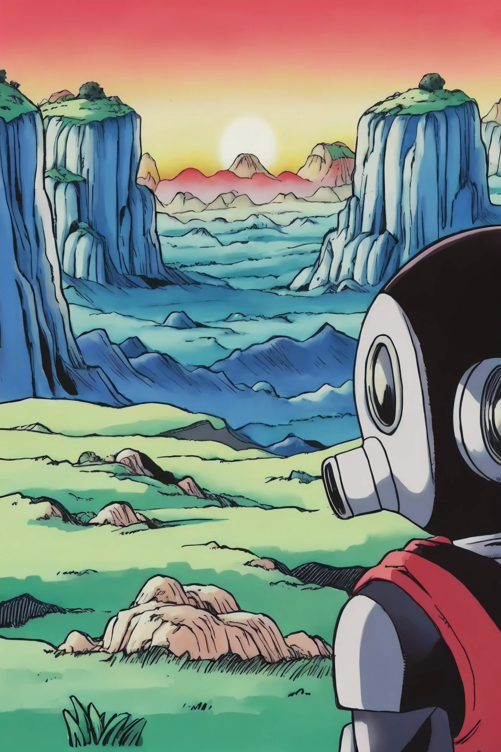 toribot, 1boy, solo, humanoid robot, (wrench hand), gas mask, male focus, full body, break wasteland, white ground, sunset,red sky, on top of a plateau, grass, mountains, from behind,from above, (best quality, masterpiece) <lora:toribot_v1:1> <lora:breakwasteland_v1:0.8>
