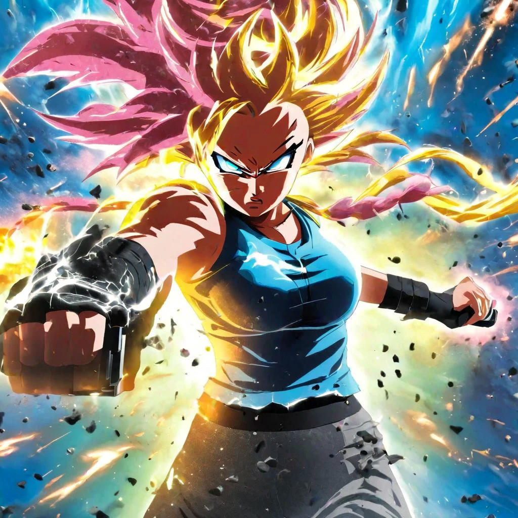 action shot, woman charging up power attack, posing with guns