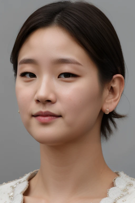 masterpiece, best quality, ultra-detailed, ultra high res, (photorealistic:1.4), raw photo, (realistic:0.2), 8k HDR, realistic lighting, 1girl, solo, standing, looking at viewer, asymmetrical short hair, (detailed oily skin), (detailed face), (simple gray background :1.1), (full body:1.2), simple white dress, sleeveless, closed mouth,