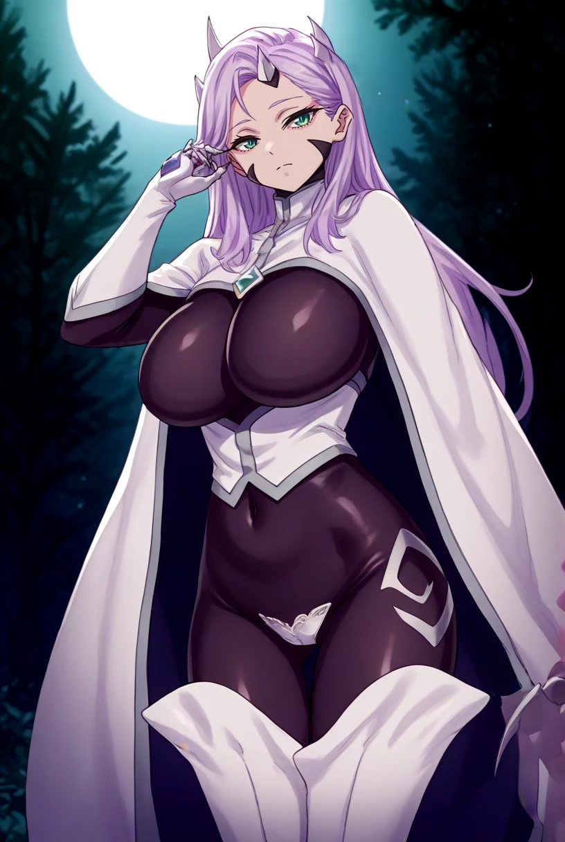 ((witch woman, ((buxa cloak)),((gigantic breasts, naked breasts, naked pussy, erect breasts, grabbing breasts)),((purple hair)),((pink eyes, with round glasses, face of shame)),((standing, in a haunted forest, at night)),((1 arm behind the back)),