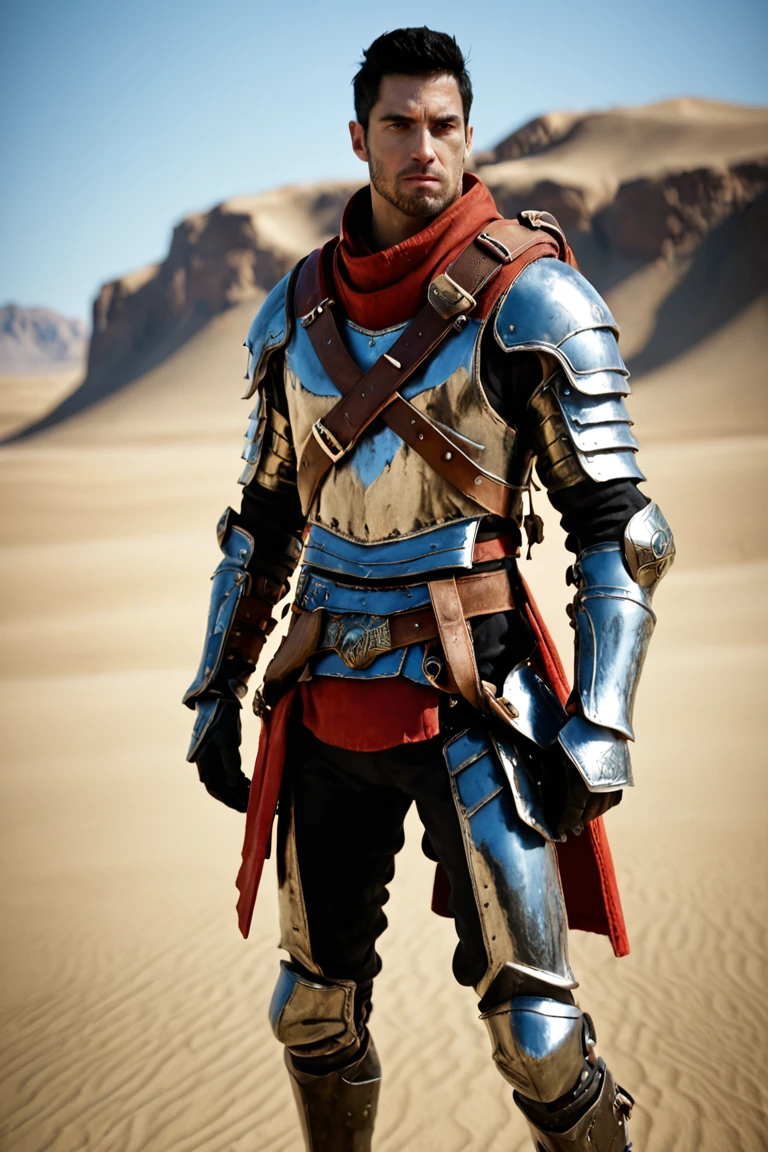 bdo_warrior, scene from movie, 1man, upper body, left side view, looking at viewer, short black hair, facial hair, red eyes, Trailblazer outfit, brown armor, belt over chest, metal gauntlet and leather glove, background of desert, sophisticated details, sharp focus, masterpiece, perfect anatomy, perfect face, detailed face, handsome face, perfect hands, best quality, 8k