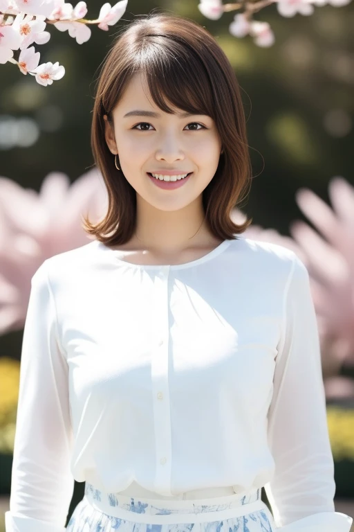 1girl,(RAW photo, best quality), (realistic, photo-realistic:1.4), masterpiece, an extremely delicate and beautiful, extremely detailed, 2k wallpaper, Amazing, finely detail, extremely detailed CG unity 8k wallpaper, ultra-detailed, highres, soft light, beautiful detailed girl, extremely detailed eyes and face, beautiful detailed nose, beautiful detailed eyes,cinematic lighting,perfect anatomy,slender body,
wearing a white blouse,white skirt,full body,(bokeh)
at a flower park,sakura flowers,flower garden,
<lora:yoshiharaami_lora:0.8>,smiling