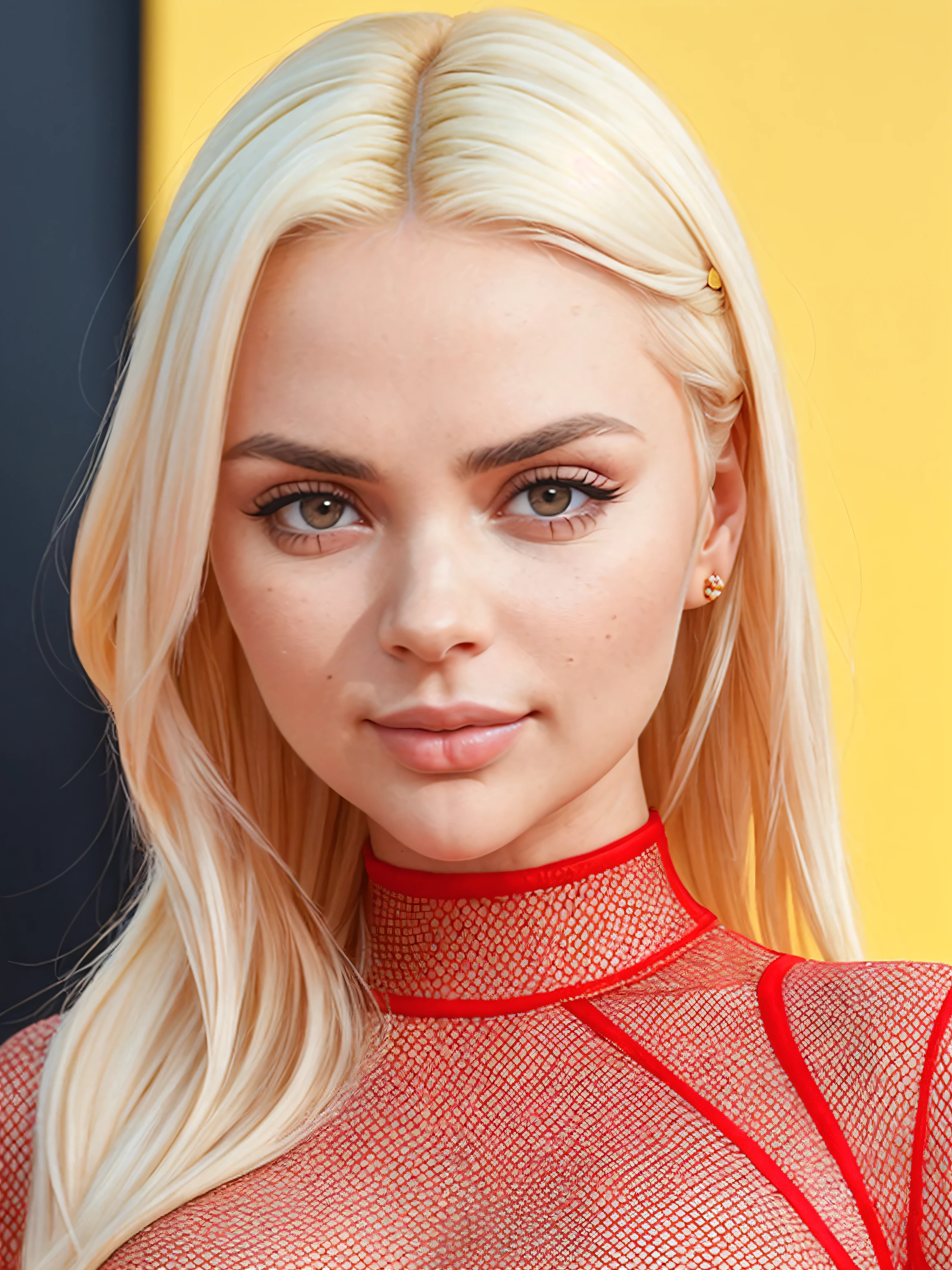 photo of beautiful (block_likastar:0.99), a beautiful woman, long perfect blonde hair, (upper body portrait), (wearing a long sleeved yellow dress:1.2), (at a red carpet event), 70mm, (analog, cinematic, film grain:1.3), ((detailed eyes)), (color picture:1.1), Fujifilm XT3