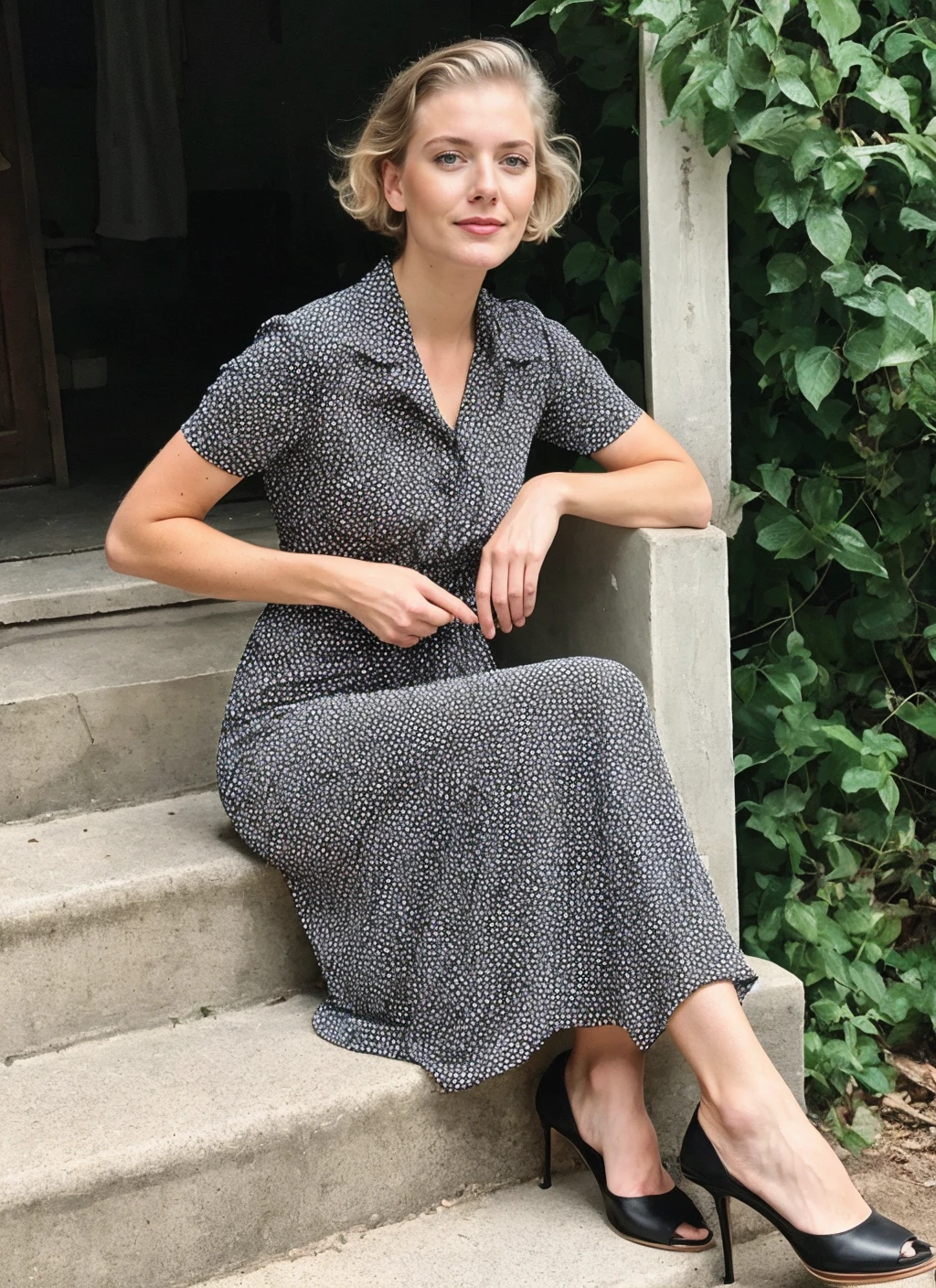 photo of sks woman, natural lighting, by Gerda Taro, Polka dot dress and kitten heels <lora:locon_sydneyhoffman_v1_from_v1_64_32:1>