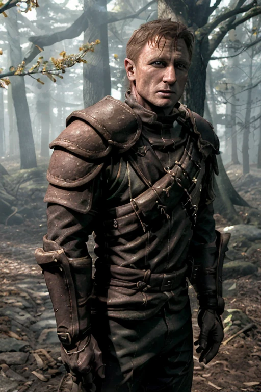 1boy, male focus, <lora:Skyrim-Thieves V2 :0.8> skyrim-thieves-guild-armor, armor, leather, belt, shoulder armor, pauldrons, pouch, jacket, outdoors, forest with huge trees , looking at the camera, smirking <lora:CELEB Daniel Craig:0.8> 007danielcraig, man