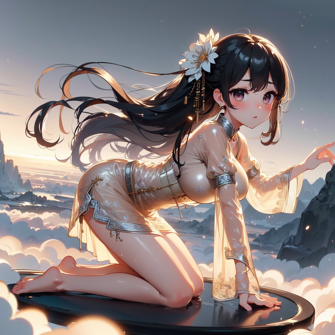 (((masterpiece))), (((best quality))), (((full body))), (((bend over))), (((from side))),  (((yujian flying))), (((kneeling on huge black plate))), ((above the clouds)), ((floating hair)), ((hair flower)), off shoulder, long sleeves, wide sleeves, (((beige see-through hanfu qipao))), (((white see-through sleeves))), ((necklace)), ((jewelry)), earrings, ((fog)), ((silhouette)), cloudy sky, strong wind, (((night))), solo, 1girl, raise arm, ((black hair)), (((longhair))), updo, ribbon, sweat, collarbone, cleavage, (big tits), shy, blush, (((slim figure))), steam, thin thighs, bare foot, <lora:girllikeyujianflying:0.9>