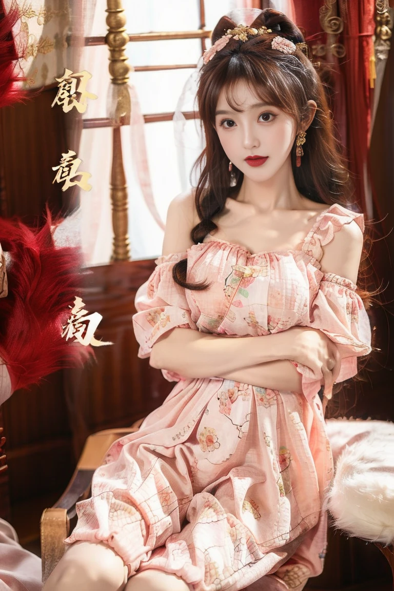 1girl, Chinese, pink pajamas, bedroom, upper body, earrings, chestnut_wavy_hair, looking at viewer, crossed arms, medium breasts, lace trim,