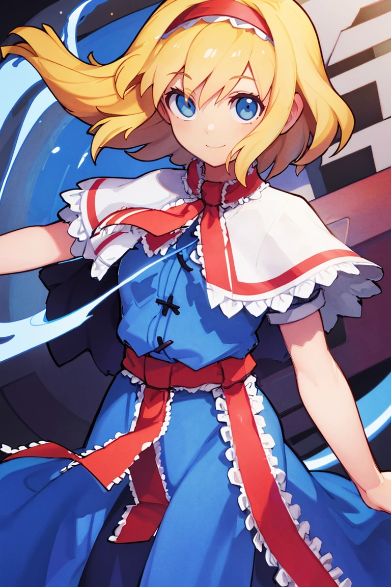 <lora:Bold_CAT:0.6>, 
((masterpiece,best quality)), 
<lora:Alice_Margatroid_Touhou:0.8>, Alice_Margatroid_Touhou,  alice margatroid, 1girl, short hair, blonde hair, solo, hairband, capelet, blue eyes, dress, blue dress, red hairband, white capelet, frills, solo, smiling, looking at viewer, cowboy shot,
solo, smile, looking at viewer, cowboy shot,