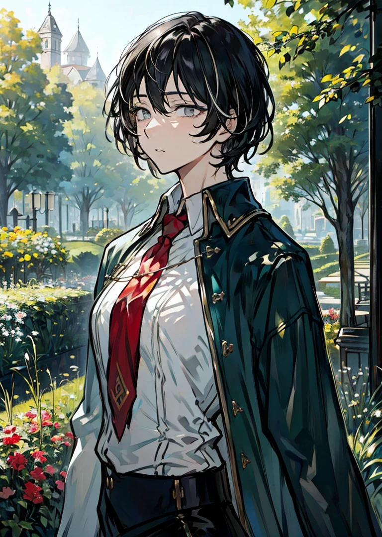<lora:Moses:0.9>, coat, grey eyes, solo, 1girl, upper_body, from side, outdoors, garden, black pants
