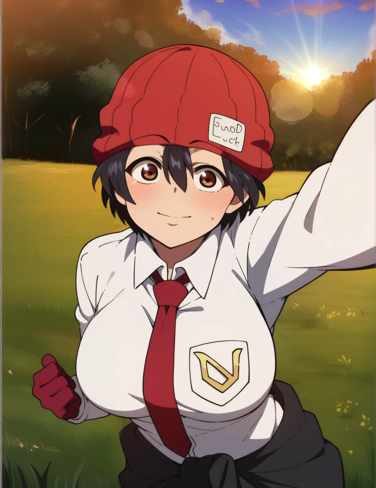 score_4, score_5, score_6, score_9, score_8_up, score_7_up,  source_anime, anime,  fuukoxl, black hair,short hair, brown eyes,large breasts, red gloves, red necktie, red headwear, red beanie, collared shirt, long sleeves, black pants, white shirt, clothes around waist, standing, pov, selfie, nature, grass, sunset, light rays, blush, <lora:izumo_fuuko-10:1>