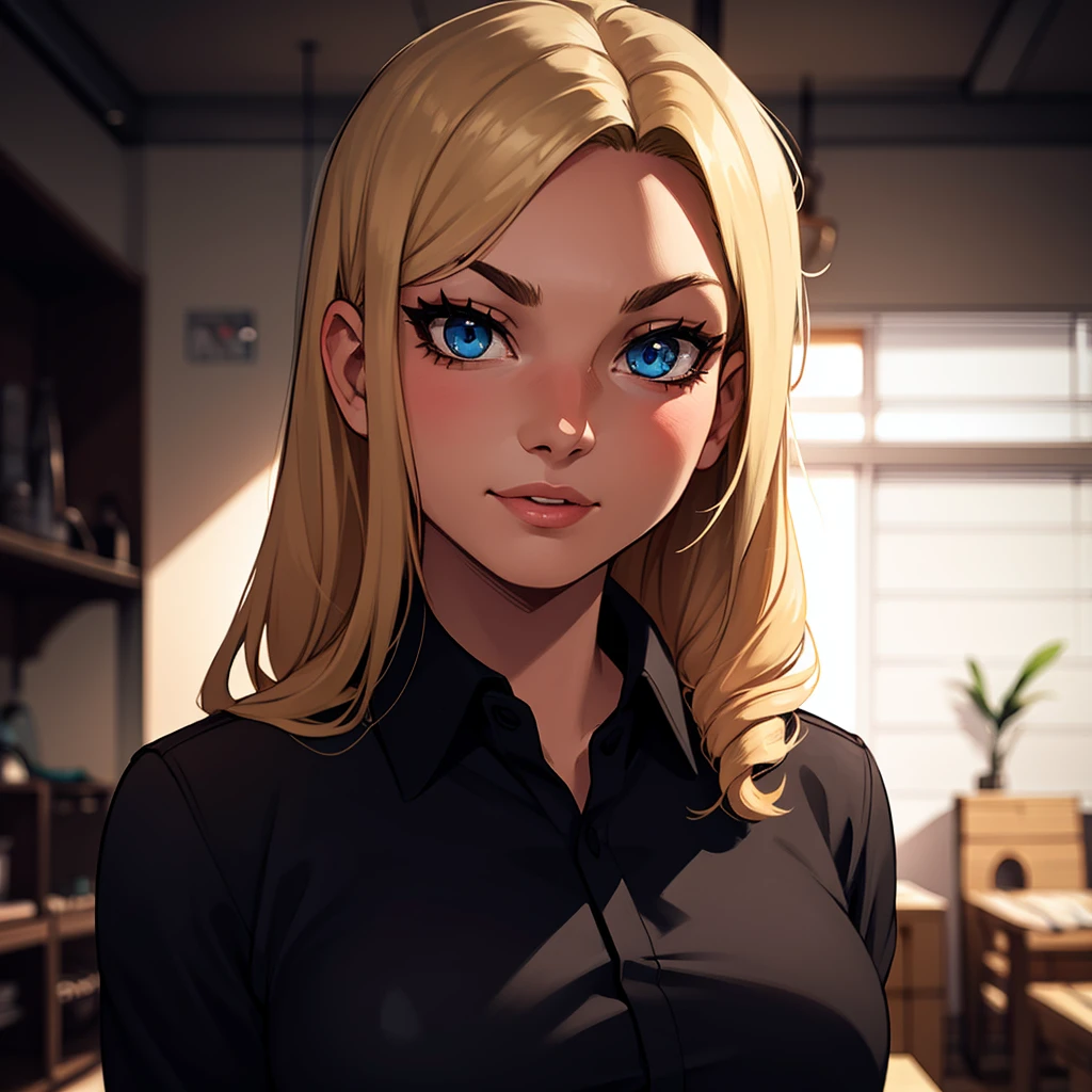 Best_QualityPos, RAW photo, intricate details, best quality, 8k uhd, soft lighting, 1girl, solo, emelie lundberg, long hair, blonde hair, black collared shirt, blue eyes <lora:Emelie_Lundberg:0.6>