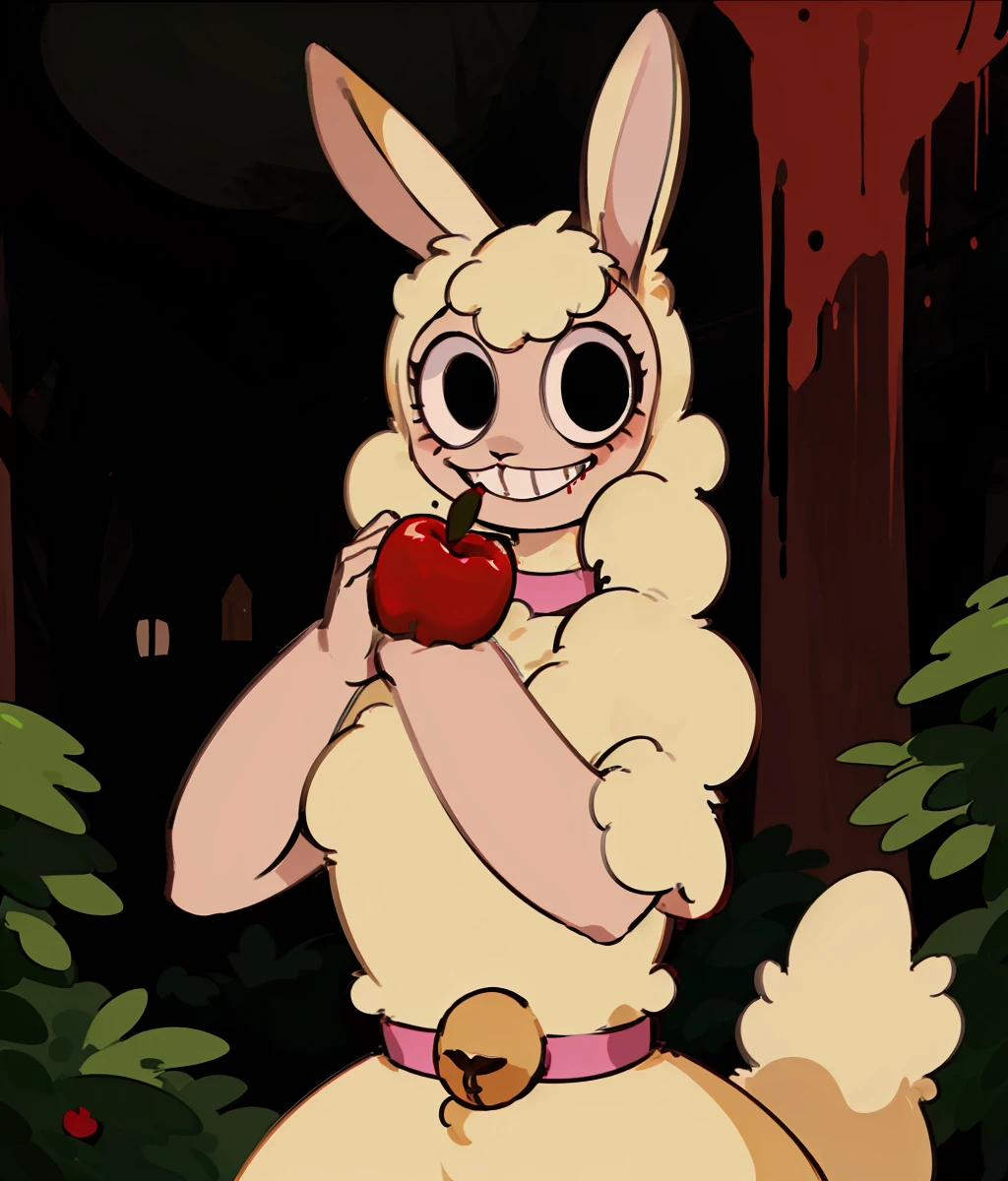furry,alpaca_carlesi,long neck,big eyes,black eyes,crazy grin,bunny ears,bell choker,fluffy,huge breasts,cuteg,cartoonized,solo,((holding an apple)),(blood from mouth),eating,(blood_trail),forest,night,darkness,horror \(theme\),Hungry Lamu,