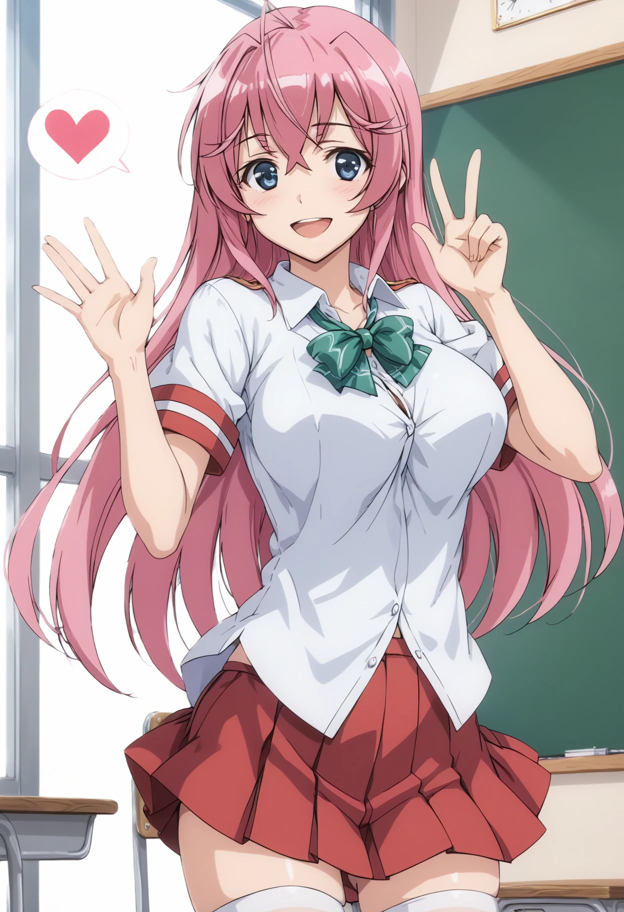 <lora:offset_0.2:0.6>, <lora:xl_more_art-full_v1:0.6>, <lora:add-detail-xl:0.7>,<lora:Smooth Anime 2 Style SDXL_LoRA_Pony Diffusion V6 XL:0.6>, <lora:sdxl_lightning_8step_lora:1>,<lora:sdxl-hairdetailer_02:0.6>
score_9, score_8_up, score_7_up, BREAK source_anime,best quality, masterpiece,anime screencap,source_anime,(ai-generated:0.8),
best quality, very aesthetic,absurdres,
otmn,<lora:Pony_otmn_v1_XL-000015:0.85>
1girl,solo,
pink hair,
large breasts,
smile,happy,v,
white shirt,school uniform,short sleeves, red colored pleated skirt, green colored bowtie, white thighhighs,
spoken heart,
standing,waving,
in school,