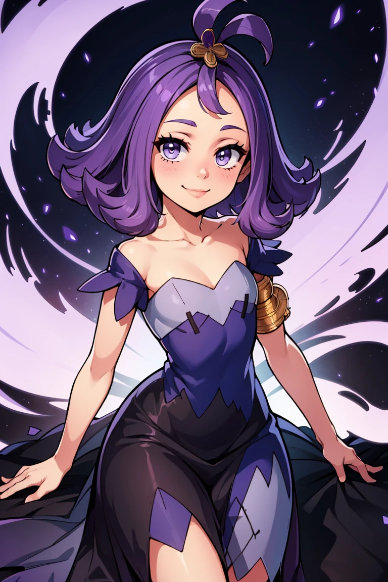 ((masterpiece,best quality)), <lora:Acerola_Pokemon:0.8>, acerola (pokemon), purple hair, purple hair, topknot, flipped hair, collarbone, purple dress, sleeves, stitches, multicolored dress, armlet, smile, looking at viewer, cowboy shot,