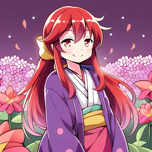 Best quality, most quality, anime style, anime girl, 1girl, solo, masterpiece, full body, smile, blush, Kotohime, 1girl, red hair, red eyes, purple kimono, long sleeves, wide sleeves, red flower markings, flower print, yellow bow,