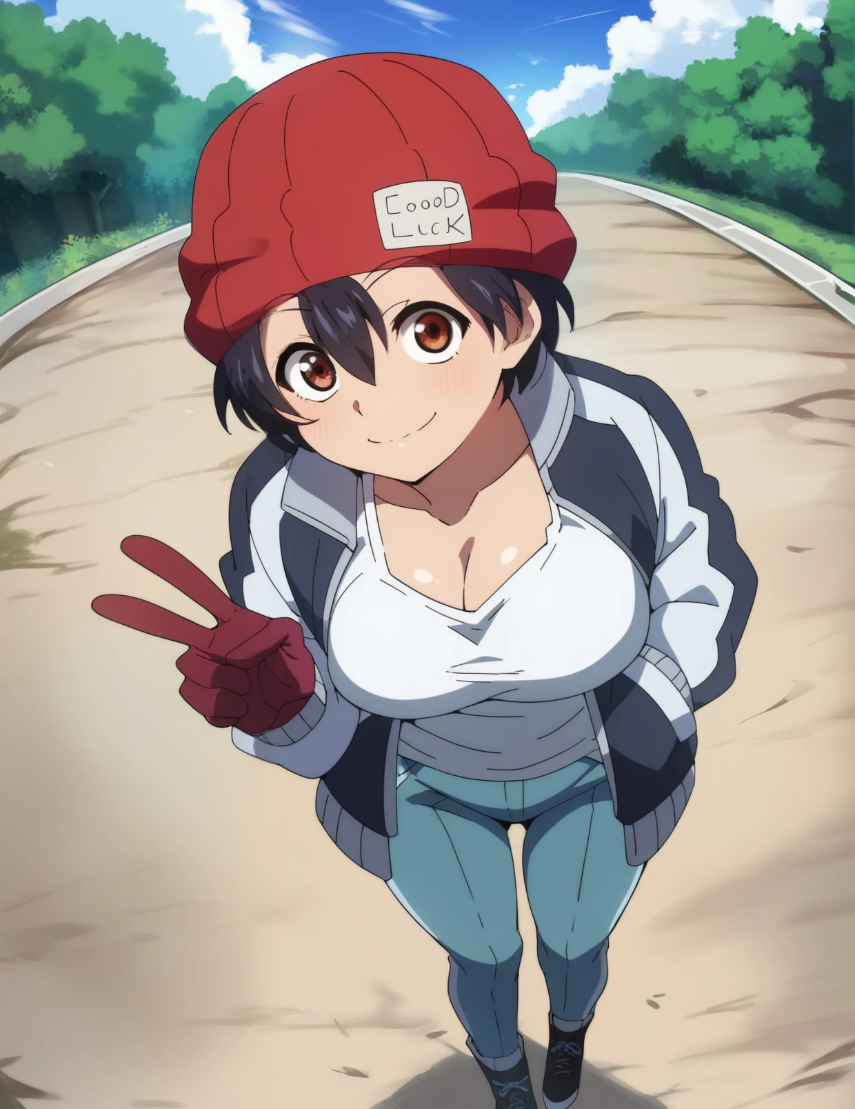 score_4, score_5, score_6, score_9, score_8_up, score_7_up, fuukoxl, black hair, short hair, brown eyes, large breasts, cleavage, short hair, red gloves, red beanie, red eyes, jacket, pants, standing, pov, looking at viewer,  v, nature, day, blue sky, light rays, smile <lora:izumo_fuuko-10:1>