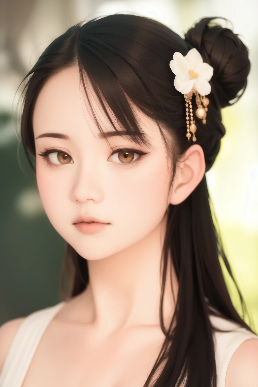 1girl, solo, long hair, looking at viewer, bangs, black hair, hair ornament, bare shoulders, brown eyes, closed mouth, hair bun, blurry, lips, blurry background, portrait, realistic, nose, hair stick
,<lora:lbc_nian_2gainian_cs:0.9>,